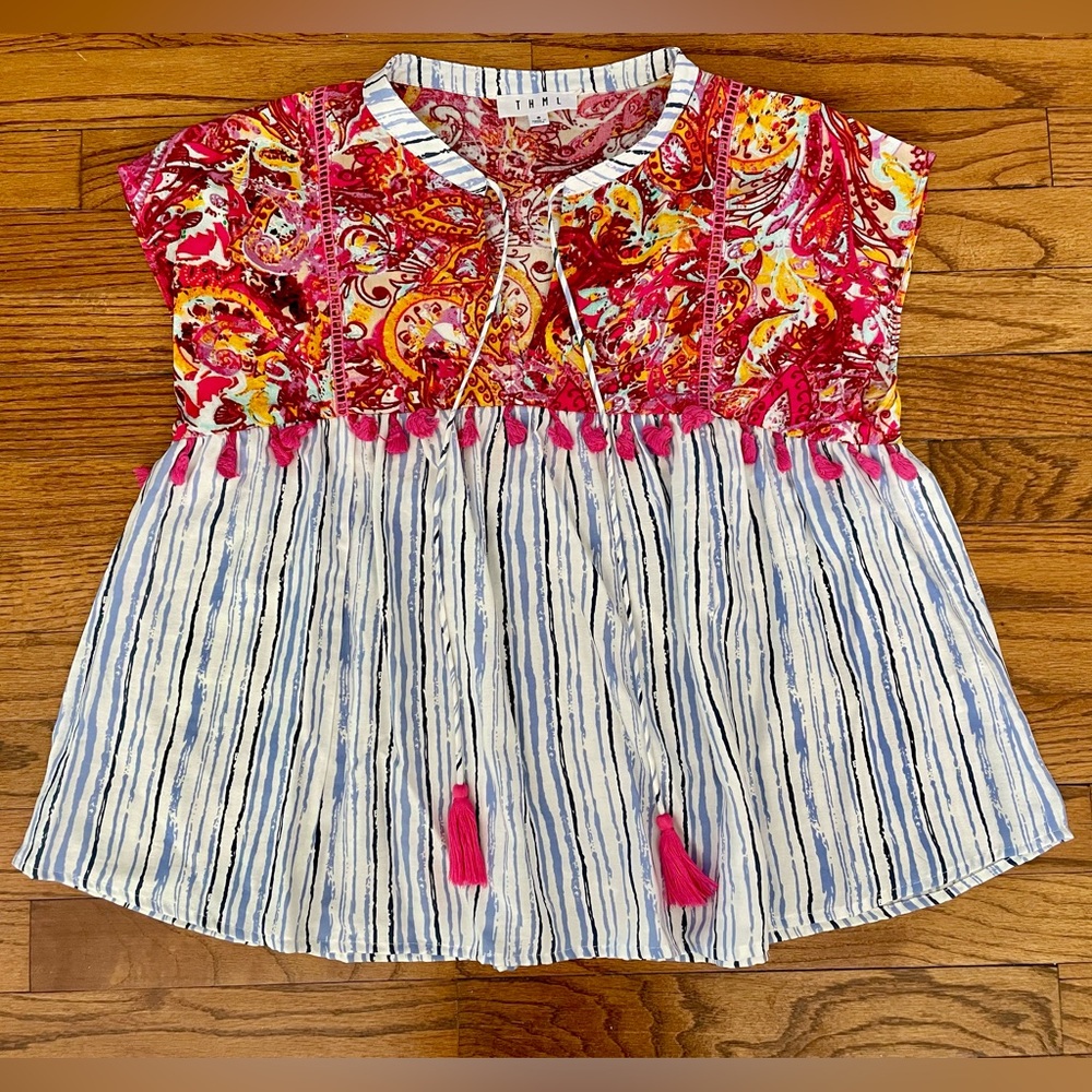 THML Blue Striped and Paisley Pink Tassel Sleeveless Blouse Top Women’s Small